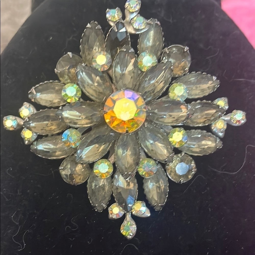 Vintage AB and smoky Crystal Brooch